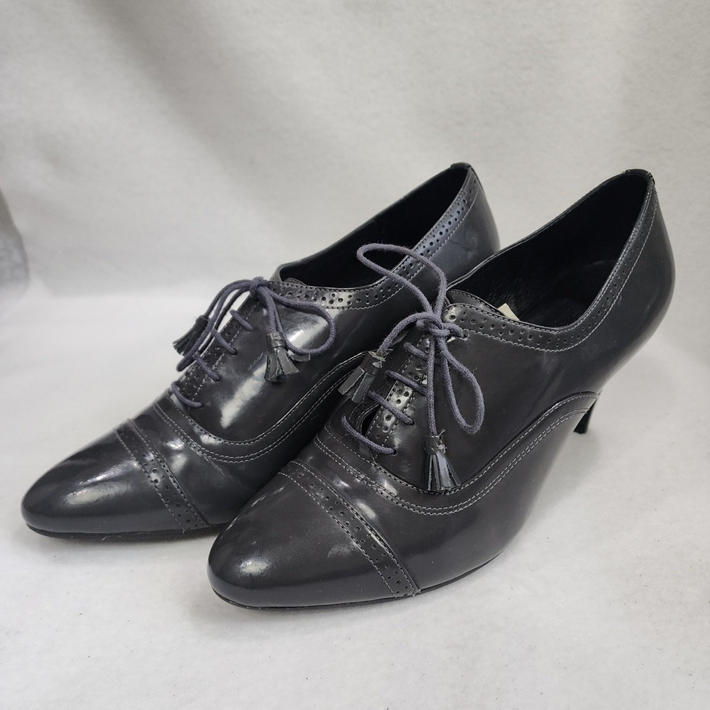 Talbots Womens 9B Oxford Pumps Black Patent Leather Tassel Lace Up Stiletto Heel